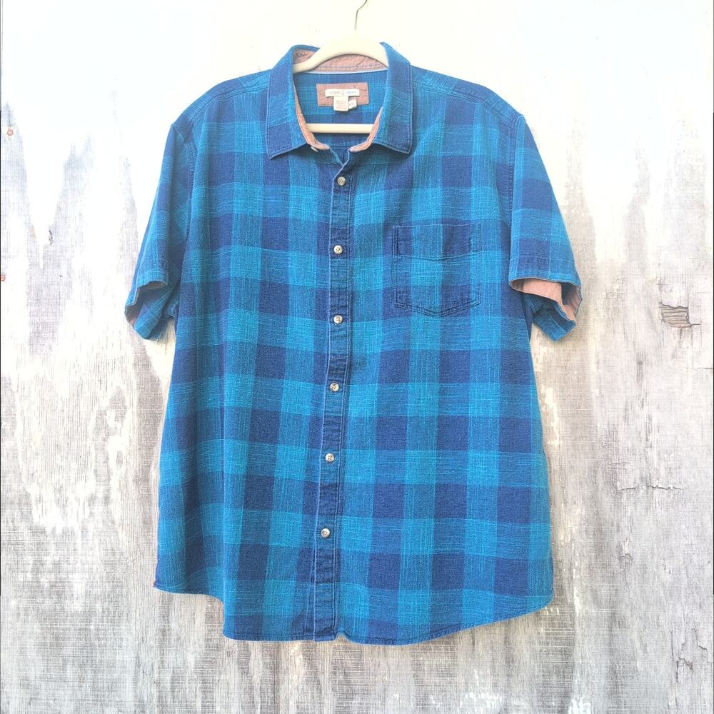 Carbon2Cobalt Blue Checkered Plaid 100% Cotton Button Up Men's 2XL